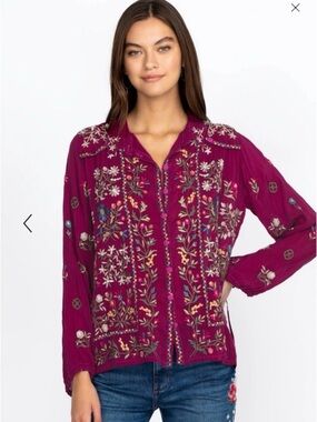 JOHNNY WAS BETHAN Embroidered Floral Burgundy Jacket LARGE